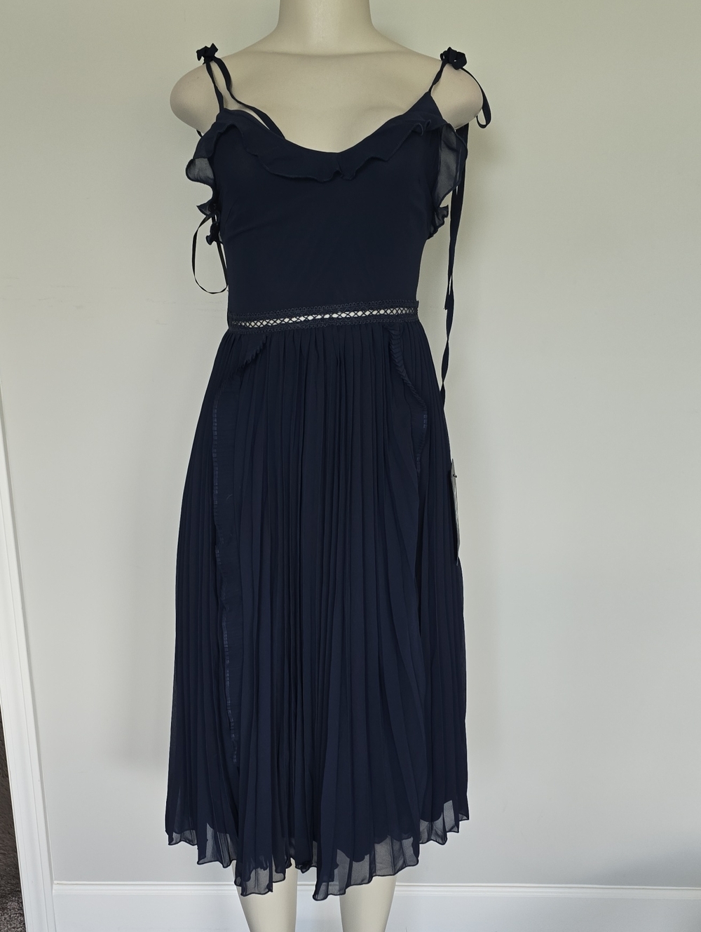 Lulus Never A Dull Moment tie strap Navy Blue pleated dress-XS